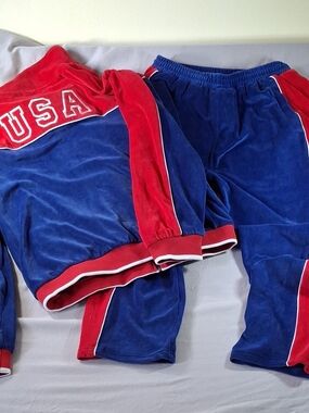 Blue & Red Velour Jogger Set with USA Accent
